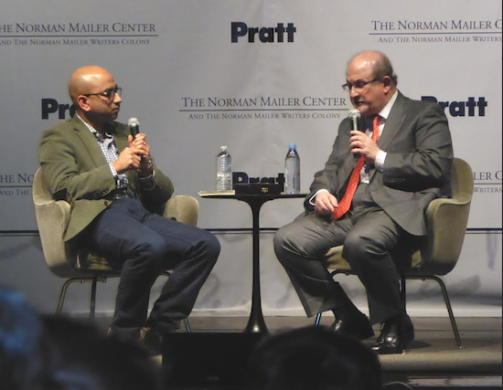 Salman Rushdie (right), this year’s recipient of the Mailer Prize for lifetime achievement, speaks to writer Randy Boyagoda at a ceremony at Pratt Institute in Brooklyn on Thursday. Eagle photo by Sam Anderson