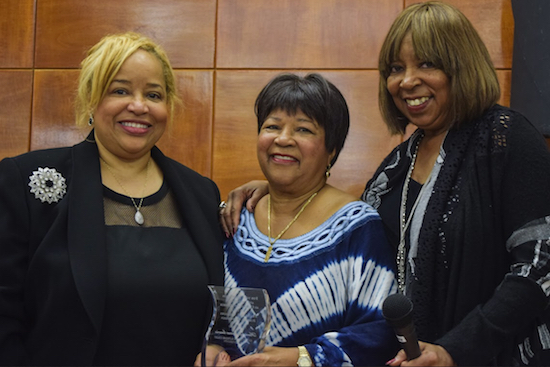 Hon. Rose H. Sconiers (right) and Hon. Deborah Dowling (left) present Hon. Yvonne Lewis with an award upon her retirement to mark her years of service at the Kings County Supreme Court. Eagle photos by Rob Abruzzese.