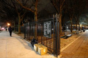 The boxes for new floodlight-style lighting recently installed at Osborn Playground in Brownsville sit outside the entrance to the area on Jan. 14. A week earlier, a young woman reported being gang-raped by teenage boys at the playground. AP Photos/Kathy Willens