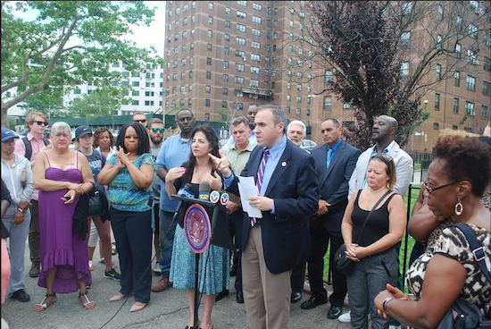 Councilmember Mark Treyger (at podium) and state Sen. Diane Savino (at left) joined Coney Island residents at a press conference in June calling on police to crack down on gun violence in the community. Photo courtesy of Treyger’s office