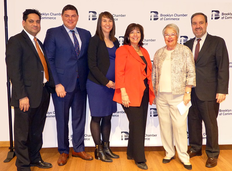 NYU’s Sayar Lonial, Downtown Brooklyn Partnership President Tucker Reed, Investors Bank VP Jennifer Smith, Chamber Chair Denise Arbesu, Schools Chancellor Carmen Fariña and Chamber President and CEO Carlo Scissura. Photo by Mary Frost