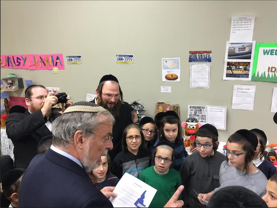 Assemblymember Dov Hikind (D-Brooklyn) visits with students from the Mevakshai Hashem yeshiva to participate in a geography fair hosted by educators and principals Tuesday afternoon. Photo courtesy of Assemblymember Hikind’s office