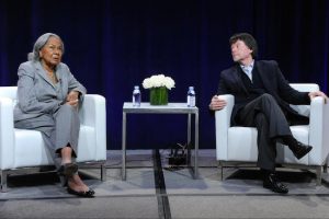 Rachel Robinson, left, and filmmaker Ken Burns participate in the "Jackie Robinson" panel at the PBS Winter TCA on Monday in Pasadena, Calif. Photo by Richard Shotwell/Invision/AP