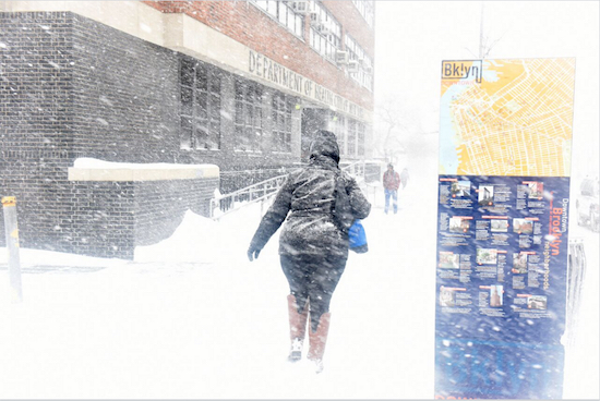 A pedestrian fights frightening gusts as Jonas hits downtown Brooklyn. Photo by Andy Katz