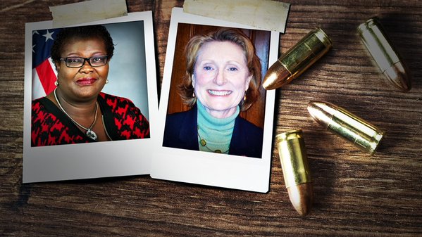 Officials say this photo, which appeared in an NRA publication, appears to threaten state Sen. Roxanne Persaud (left) and Assemblymember Jo Anne Simon, who are drafting a bill that would limit ammo purchases. Photo from “America's 1st Freedom” Twitter feed