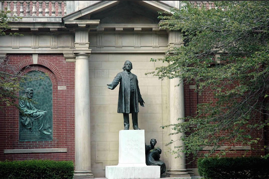 Plymouth Church in Brooklyn Heights, pictured above, with its statue of its first minister, Henry Ward Beecher, is known for its 19th-century anti-slavery stance. Eagle file photo by Phoebe Neidl