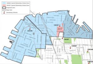 DOE's rezoning plan would shrink the P.S. 8 zone and enlarge the P.S. 307 zone. Courtesy of DOE