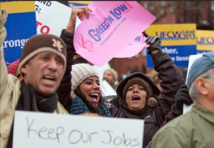 Cumberland Packing Corp. employees and union representatives chant slogans during a Jan. 12 protest of Cumberland's closure in New York. After nearly 60 years, the New York City factory that makes the sugar substitute Sweet’N Low will soon be stopping local production. AP Photo/Mary Altaffer