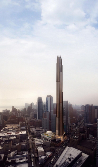 This 1,066-foot-tall tower is planned for 340 Flatbush Ave. Extension, next to the landmarked Dime Savings Bank. Renderings by SHoP Architects