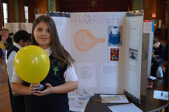 Alice Morris used her ingenuity to make a balloon hovercraft. Photos courtesy of Saint Patrick Catholic Academy
