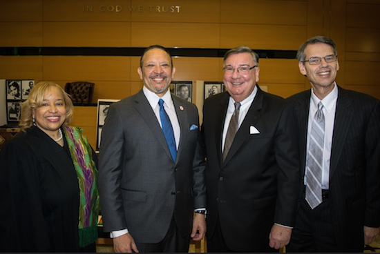 The Kings County Courts kicked off Black History Month with an opening ceremony on Monday that featured keynote speaker Marc H. Morial. Pictured from left: Hon. Deborah Dowling; Marc Morial; Hon. Matthew D’Emic, administrative judge for Criminal Matters; and Hon. Lawrence Knipel, administrative judge for Civil Matters. Eagle photos by Rob Abruzzese