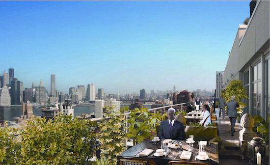 This is the rooftop terrace lounge planned for Brooklyn Heights' Hotel Bossert. Rendering courtesy of Gwathmey Siegel Kaufman & Associates Architects