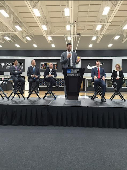 Brook Lopez, the longest-tenured Net, was among several Brooklyn players at Wednesday’s ribbon-cutting for the HSS Training Center in Sunset Park’s Industry City. Photo by John Torenli