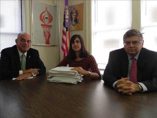 Assemblymember Nicole Malliotakis, pictured with New York Stat Conservative Party Chairman Mike Long (left) and Brooklyn Conservative Chairman Gerard Kassar, says the jury duty scam doesn’t appear to have hit Brooklyn yet. Eagle file photo by Paula Katinas