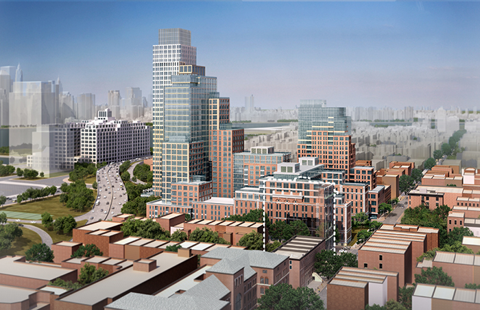 Fortis’ ULURP plan for LICH would include senior housing and a public school, but would have denser development than the as-of-right plan.  Rendering courtesy of Fortis Property Group