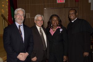 (Left to right) Ken Gibbs, president and CEO, Maimonides Medical Center; Dominick Stanzione, executive vice president and COO, Maimonides Medical Center; Hon. Sylvia Hinds-Radix, associate justice, NYS Appellate Division, Second Department; and the Very Rev. Eddie Alleyne, rector at St. Gabriel’s Episcopal Church, honor Black History Month at Maimonides. Photo courtesy of Maimonides Medical Center