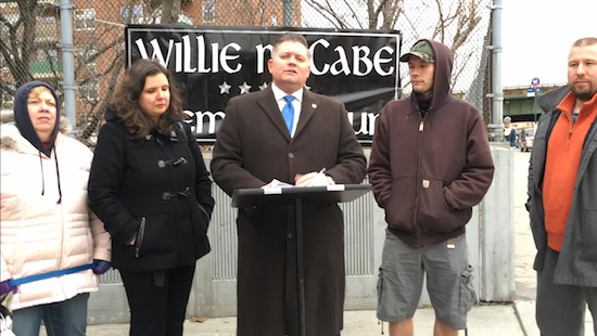Liam McCabe (at podium) says the city’s Hope count is personal to him. Photo courtesy of McCabe