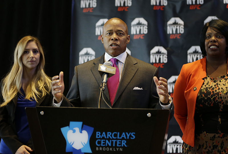 Brooklyn Borough President Eric Adams speaks at a news conference in NYC on Tuesday, where he advocated for the legalization of professional mixed martial arts in New York state.  AP Photo-Seth Wenig