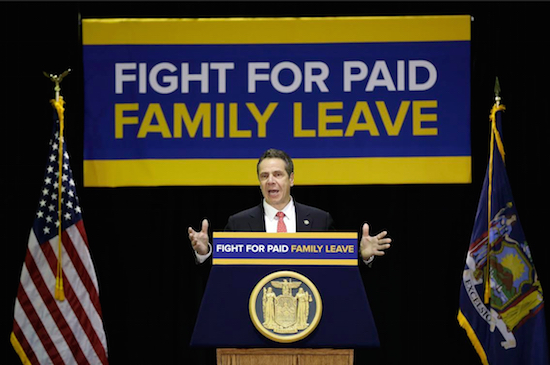 New York Gov. Andrew Cuomo speaks during a rally for paid family leave in New York on Feb. 17. New York may soon join California, Rhode Island and New Jersey by allowing workers to take paid time off to care for a new child or sick loved one. AP Photo/Seth Wenig, File