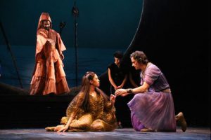 Incestuous Antiochus (Earl Baker Jr.) with his daughter (Sam Morales) and Pericles (Christian Camargo, on one knee) in Trevor Nunn's new production of “Pericles.” Photos by Gerry Goodstein