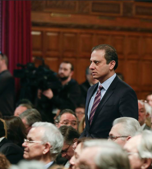 U.S. Attorney Preet Bharara, left, arrives to the Court of Appeals for a swearing in ceremony for Chief Judge Janet DiFiore on Monday in Albany. AP Photo/Mike Groll