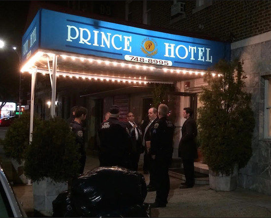 Sheriffs complete their raid of the Prince Hotel Wednesday night, making good on a promise Mayor Bill de Blasio made to Bay Ridge residents to crack down on the alleged flophouse. Photo by Valerie Hodgson
