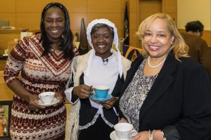 The Kings County Courts Black History Month Committee (BHMC) had tea with abolitionist and women's rights activist Sojourner Truth (center, played by Shirley Paul Esq.) for its latest Black History Month event. Also pictured are BHMC Co-Chairs Leah Richardson (left) and Justice Deborah Dowling. Eagle photos by Rob Abruzzese