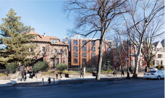 This rendering shows the proposed design for a new residential building (center) that would occupy a substantial portion of the Dean Sage Residence's side lawn. Rendering by Dattner Architects and Easton Architects via the Landmarks Preservation Commission