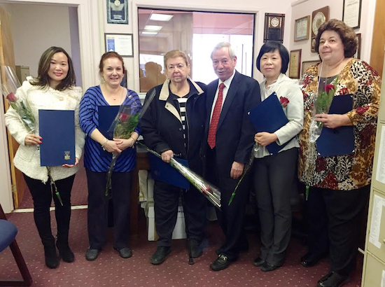 Assemblymember Peter Abbate congratulates the Women of Distinction: Maggie Gu, Laurie Windsor, Genevieve Incontrera, Haney Ho, and Barbara Turchio (left to right). Photo courtesy of Abbate’s office