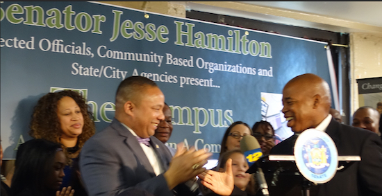 Borough President Eric Adams made his big announcement at the press conference. Photo courtesy of Sen. Hamilton’s office