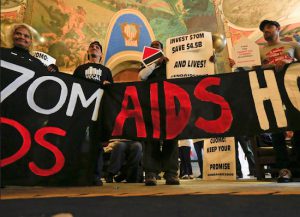 AIDS activists rally in the War Room at the Capitol on Monday in Albany. AP Photo/Mike Groll