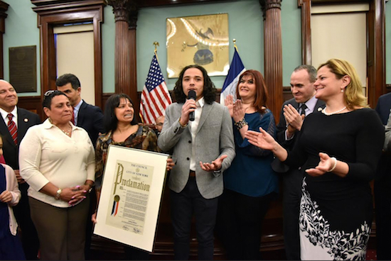 Anthony Ramos, center, a star of the smash hit Broadway musical “Hamilton,” accepts his award in the City Council chamber Tuesday. Photo courtesy of Councilmember Mark Treyger’s office