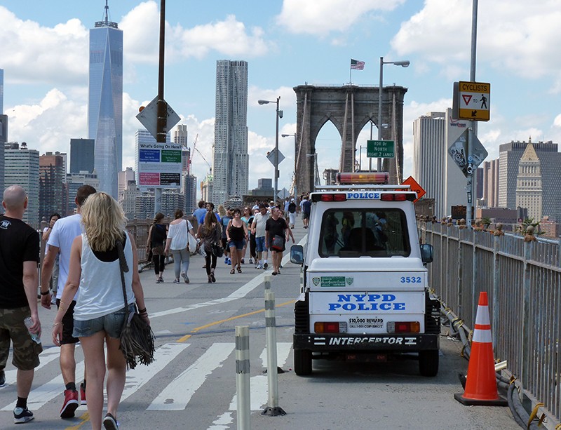 Following the bridge-climbing incidents, security has been stepped up on the Brooklyn Bridge. Photo by Mary Frost