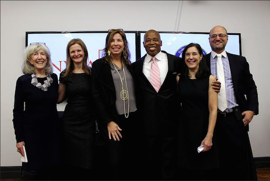 From left: Judith K. Brodsky, NYFA board chair; Katy Clark, president of Brooklyn Academy of Music; Anne Pasternak, director of Brooklyn Museum; Brooklyn Borough President Eric Adams; Charlotte Cohen, executive director of Brooklyn Arts Council; and Michael L. Royce, executive director of NYFA. Photo by Jacque Donaldson