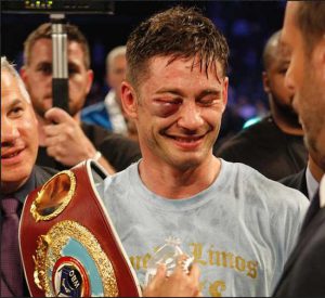 Long Island native Chris Algieri became a Barclays Center legend two years ago when he survived two knockdowns and a severely swollen eye to win his first title belt. AP Photo