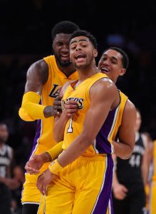 With retiring NBA legend Kobe Bryant unavailable due to injury, Lakers rookie D’Angelo Russell tore apart the Nets for a career-high 39 points Tuesday night in Los Angeles. AP photo