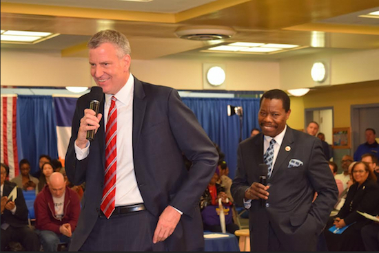 Mayor Bill de Blasio and Councilmember Mathieu Eugene presided over the town hall. Photo courtesy of Eugene’s office
