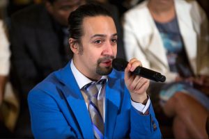 Actor Lin-Manuel Miranda speaks during an event with the cast of the Broadway play "Hamilton" in the East Room of the White House in Washington, D.C. on Monday. AP Photo/Evan Vucci