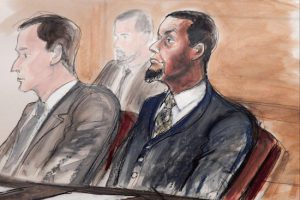 In this Feb. 24, courtroom sketch, Tairod Nathan Webster Pugh, right, sits at the defense table with his attorney Zachary S. Taylor, left, during jury selection in Brooklyn Federal Court. Pugh, a U.S. Air Force veteran and former airplane mechanic charged with trying to join the Islamic State, is among the first Americans to go on trial as a result of the U.S. government's pursuit of dozens of suspected sympathizers of the militant group. AP Photo/Elizabeth Williams