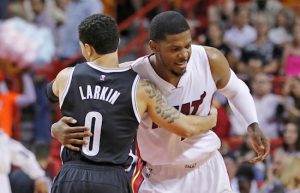 Former Net Joe Johnson met up with Shane Larkin and the rest of Johnson’s ex-teammates in Miami Monday night as the Heat snapped Brooklyn’s two-game winning streak. AP Photo