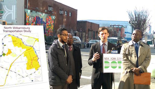 Councilmember Stephen Levin (center) with city officials at a press conference announcing the traffic study. Photo courtesy of Councilmember Levin’s Office