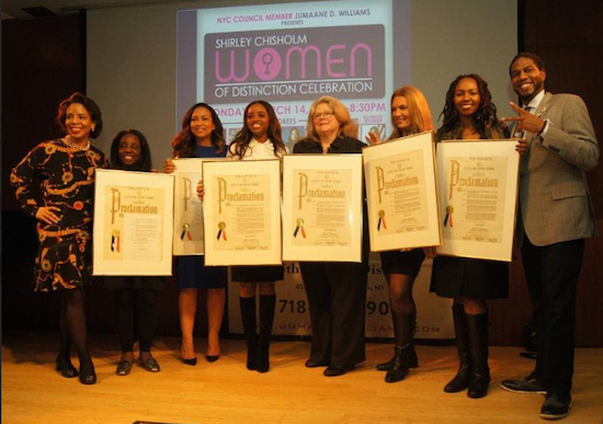 Councilmembers Jumaane D. Williams (right) and Laurie Cumbo (left) honor six inspiring women: Chaka Pilgrim, Valeisha Butterfield Jones, Tamika Mallory, Robin Redmond, Lisa Evers and Opal Tometi (pictured left to right). Photos courtesy of Councilmember Williams’ office