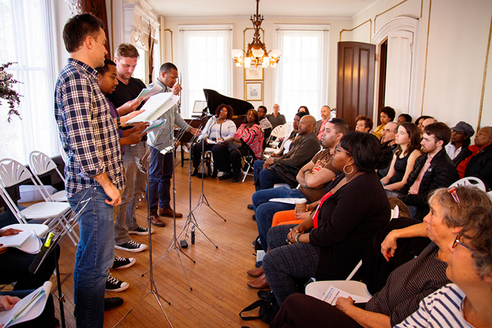 Bedford-Stuyvesnt’s Akwaaba Mansion is the setting for New Brooklyn Theatre’s spring reading series. Shown: Members of the cast of series opener “Sleep Over Stories” during last week’s performance. Photo by David Willems