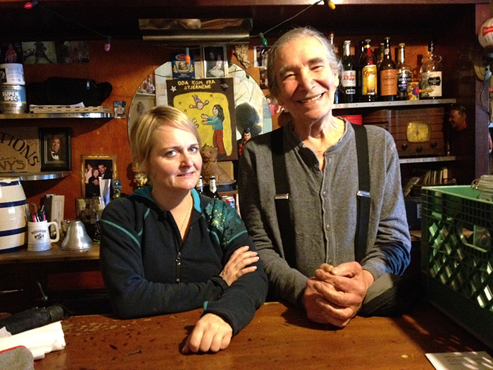 Over the weekend patrons, friends and family packed into Sunny’s Bar in Red Hook to pay tribute to legendary bar owner Sunny Balzano, who died late Thursday. He is shown above in a 2013 photo with his wife Tone Johansen.  Photo by Lore Croghan
