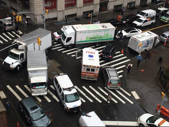 A traffic jam in Lower Manhattan blocks the path of an ambulance. Photo courtesy of Lisa Rainwater