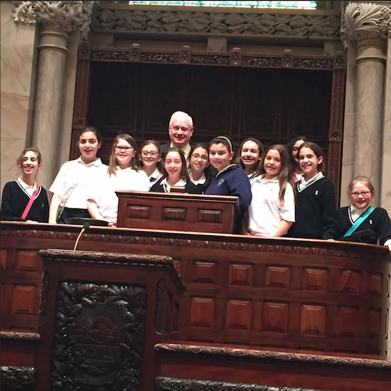 Jenna Abi-Habib (fifth from left) won a trip to Albany for her class by winning a student essay contest. The class visited state Sen. Marty Golden in the state capitol. Photo courtesy of Sonia Abi-Habib