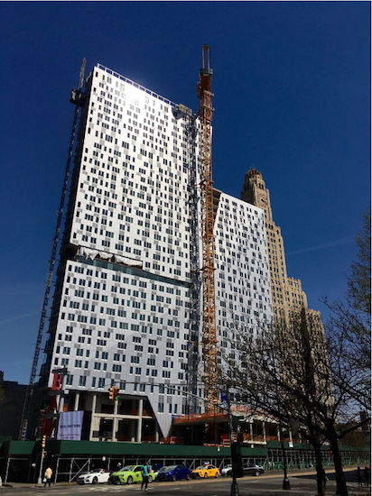 This is 286 Ashland Place, where workers recently finished installing the aluminum composite façade. Eagle photos by Lore Croghan