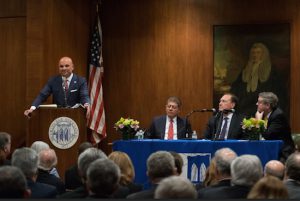 Brooklyn Bar Association President Arthur Aidala (standing left) moderated a conversation with judges (sitting from left): Hon. Andrew Napolitano, U.S. Supreme Court Justice Samuel Alito and Hon. Mark Dwyer. Eagle photos by Rob Abruzzese