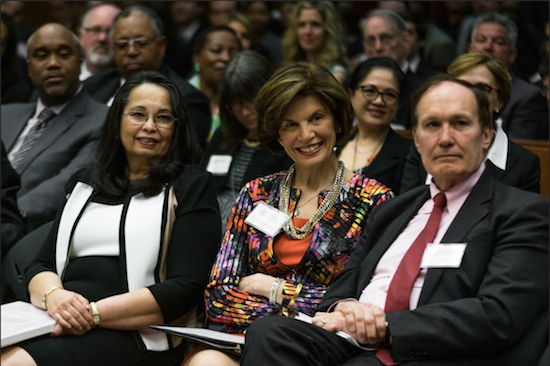 Chief Judge Carol Bagley Amon (center) officially passed the torch to Hon. Dora Irizarry, who will take over as the next chief judge of the Eastern District of New York, during a special ceremony at Brooklyn Federal Court on Friday. Eagle photos by Rob Abruzzese