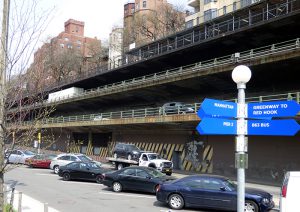 A Request for Proposals (RFP) will soon be issued for a $1.7 billion project to rehab the crumbling Brooklyn Queens Expressway (BQE) triple cantilever underpinning the Brooklyn Heights Promenade.  Photo by Mary Frost